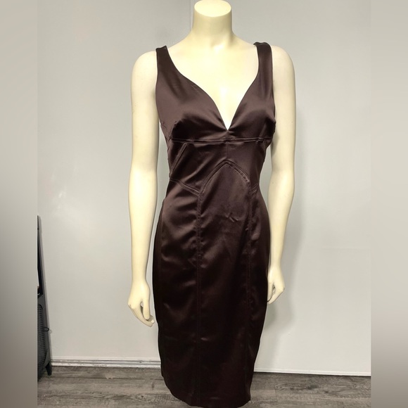 David Meister Brown Satin Bodycon Dress Size 12 - Picture 1 of 15